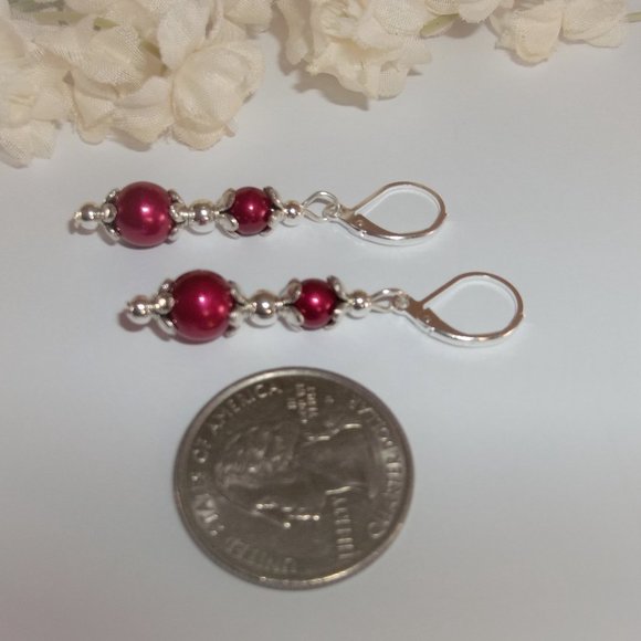 Pearl Earrings Red and Silver Beaded Dangle Drop Jewelry Set Pair NWT Gift 7350 - Picture 5 of 8